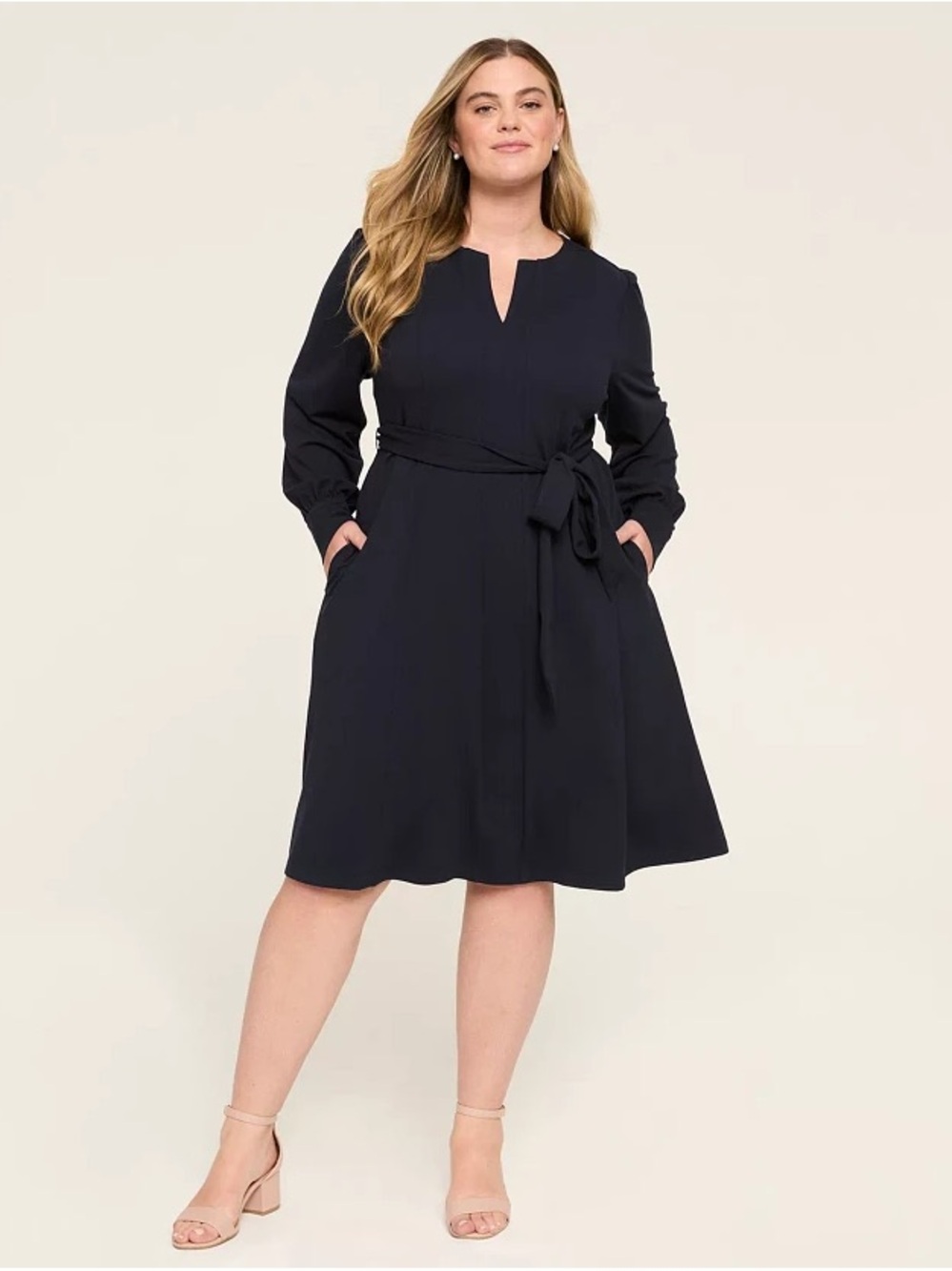 Lane Bryant Black Long-Sleeve Tie-Waist A-Line Dress